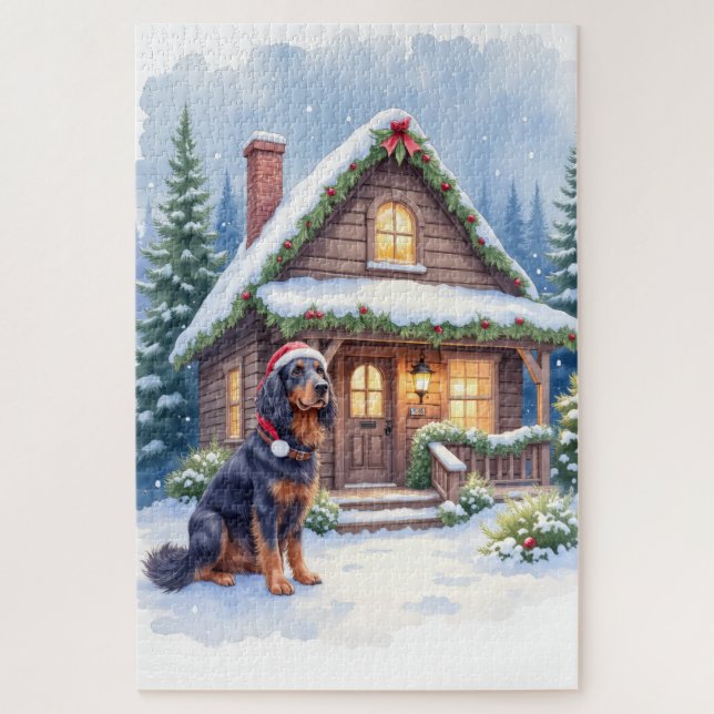 Quebra-cabeça Gordon Setter Snowy Lodge Santa Hat Christmas Art (Vertical)