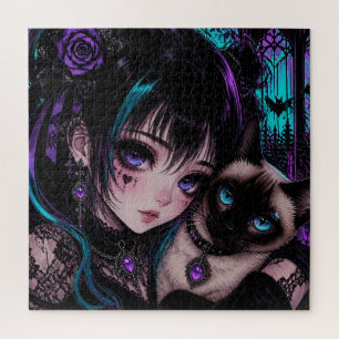 Quebra-cabeça Gótico Emo Garota Anime & Gato