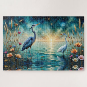 Quebra-cabeça Grande garça azul e flores de Egret na água