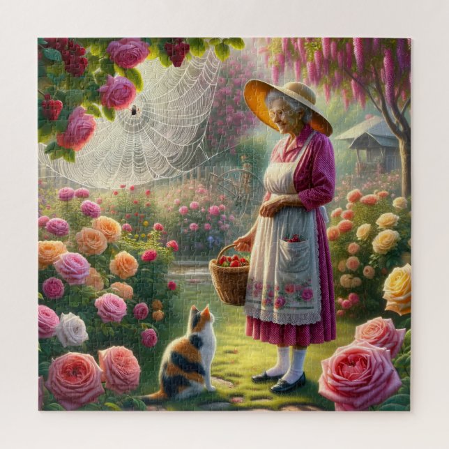 Quebra-cabeça Grandma's Rose Garden Calico Cat & Floral Scene (Vertical)