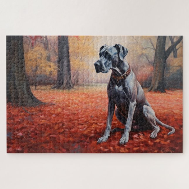 Quebra-cabeça Great Dane no Outono Folhas Caídas Inspiram (Horizontal)