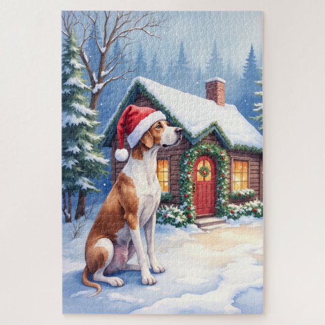 Quebra-cabeça Great Dane Snowy Cabin Santa Hat Christmas Art (Vertical)