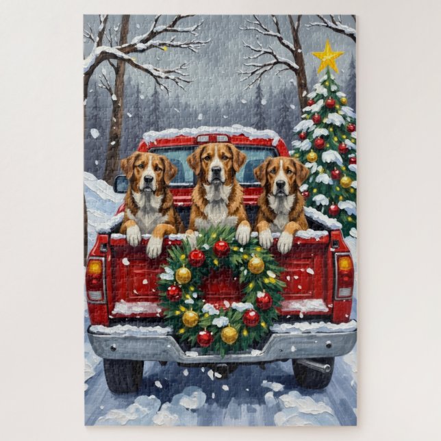 Quebra-cabeça Greater Swiss Mountain Dog Christmas Red Truck (Vertical)