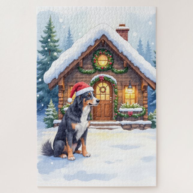 Quebra-cabeça Greater Swiss Mountain Dog Snowy Cabin Santa Hat (Vertical)