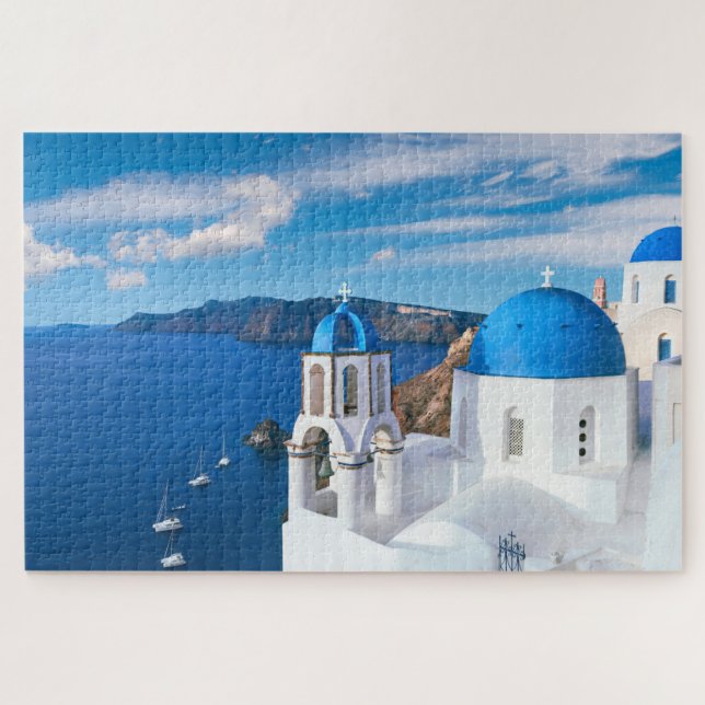 Quebra-cabeça Grécia de Oia Santorini - Igreja Cupola Azul (Horizontal)
