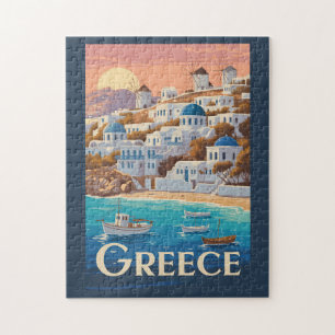 Quebra-cabeça Grécia Mykonos Illustration Viagem Art Vintage