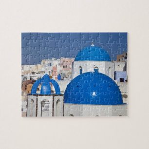 Quebra-cabeça Grécia, Santorini. Torre sineira e cúpulas azuis d
