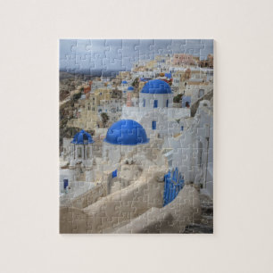Quebra-cabeça Grécia, Santorini. Torre sineira e cúpulas azuis d