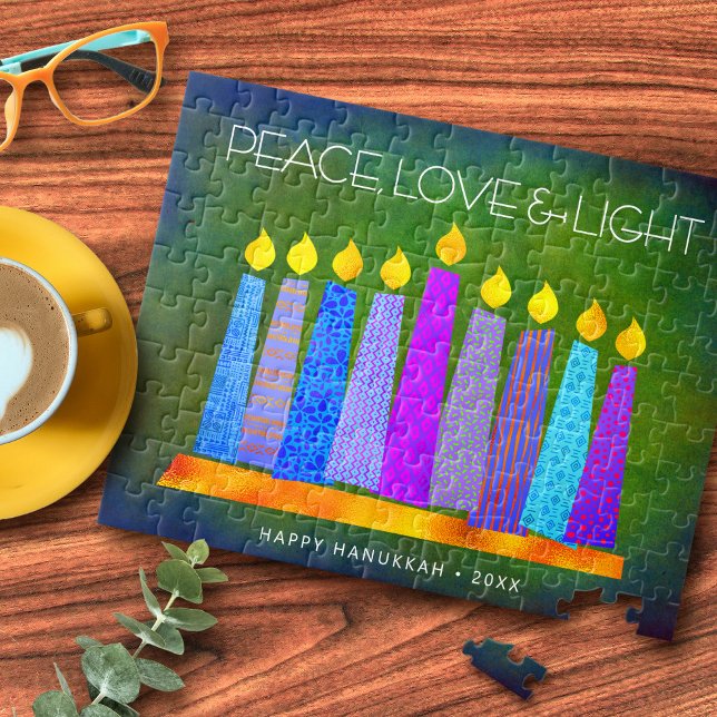 Quebra-cabeça Green Hanukkah Peace Love Light Bold Boho Candles (Criador carregado)