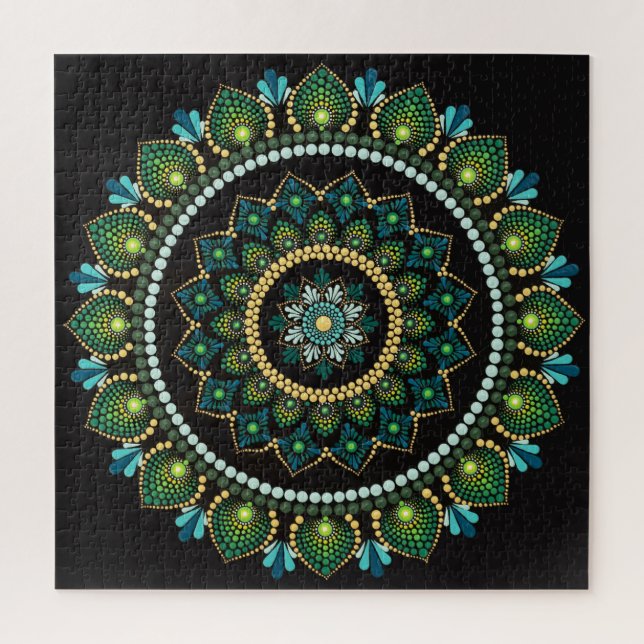 Quebra-cabeça Green Mandala | Pintado manualmente | Geometria Sa (Vertical)