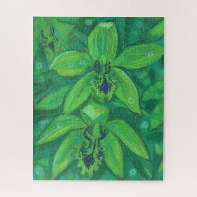 Quebra-cabeça Green Orchid, Tropic Flower Floral Pastel Painting (Vertical)