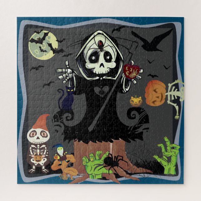 Quebra-cabeça Grim Reaper Zombie Skeleton Gnome Pumpkin Man Bats (Vertical)