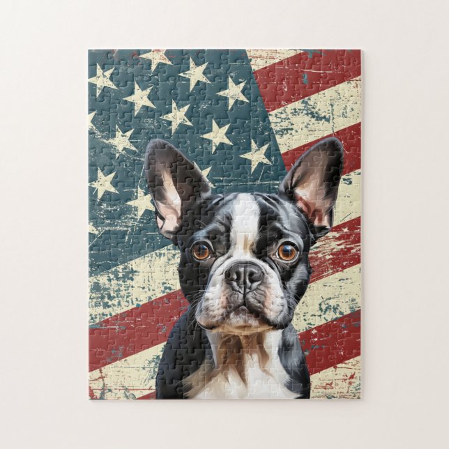 Quebra-cabeça Grunge American Flag Boston Terrier Dog (Vertical)