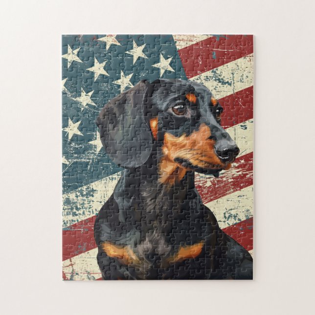 Quebra-cabeça Grunge American Flag Dachshund Dog (Vertical)