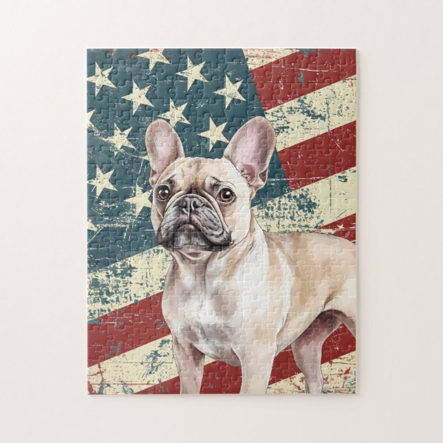 Quebra-cabeça Grunge American Flag Fawn Tan French Bulldog (Vertical)