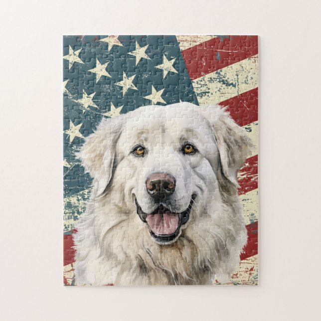 Quebra-cabeça Grunge American Flag Great Pyrenees Dog (Vertical)