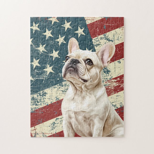Quebra-cabeça Grunge American Flag White French Bulldog (Vertical)
