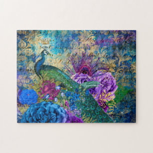 Quebra-cabeça Grunge de Pavão e Flores Ilustrado Antiquado