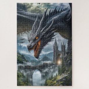 Quebra-cabeça Guarda Dragão Negro de um Castelo Gótico na Montan