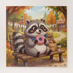 Quebra-cabeça Guaxinim de desenho animado fofo comendo donut de