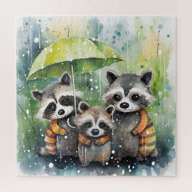 Quebra-cabeça Guaxinins Fofos na Chuva (Vertical)