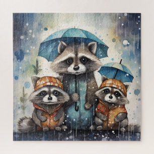 Quebra-cabeça Guaxinins Fofos na Chuva