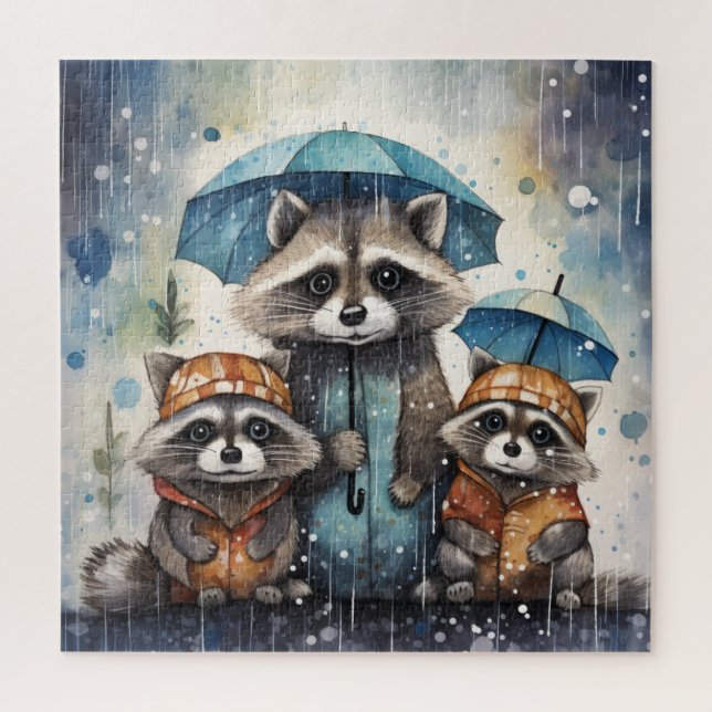 Quebra-cabeça Guaxinins Fofos na Chuva (Vertical)