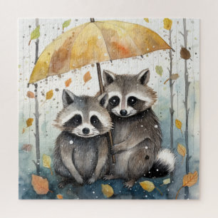 Quebra-cabeça Guaxinins Fofos na Chuva