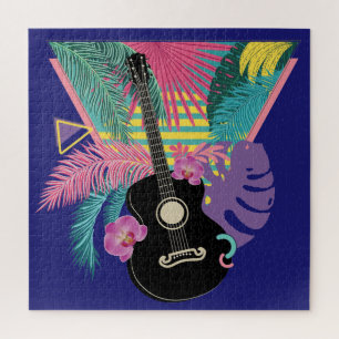 Quebra-cabeça Guitarra acústica e folhas e flores tropicais