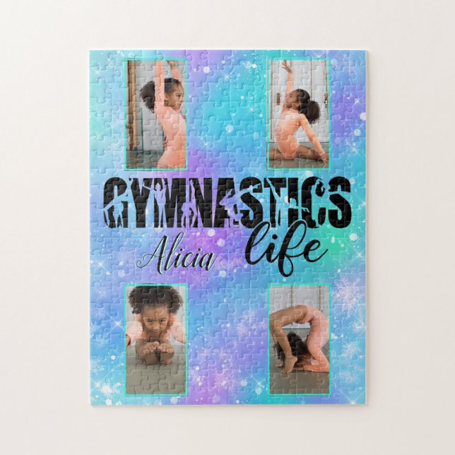 Quebra-cabeça Gymnastics Life Pastel Personalised Name & 4 Photo (Vertical)
