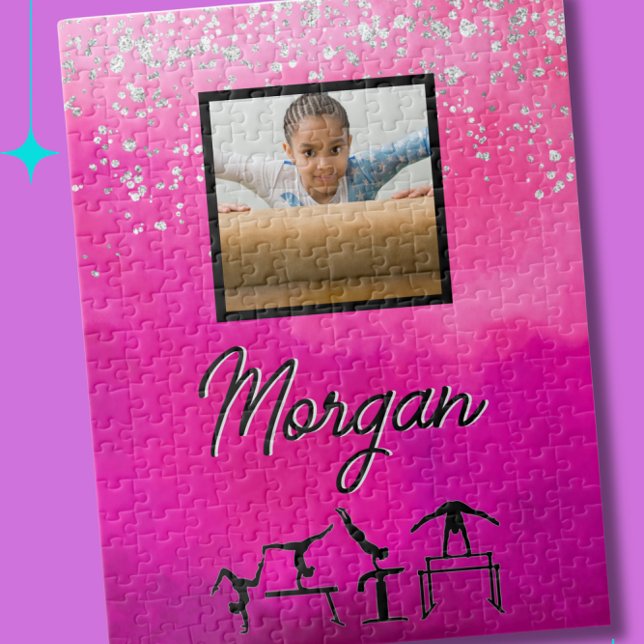 Quebra-cabeça Gymnastics Rosa, Prata, Foto/Nome Personalizado Gl (Custom made gymnastics puzzle with the name and photo of your gymnast)