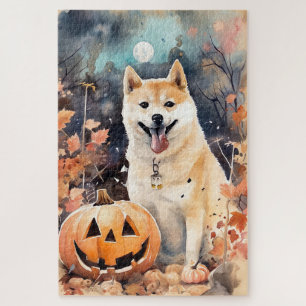 Quebra-cabeça Halloween Akita Com Pumpkins Assustado