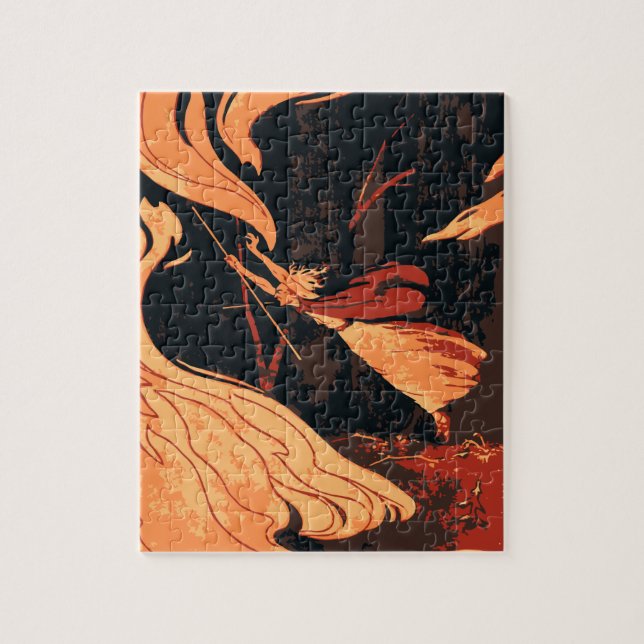 Quebra-cabeça Halloween Antigo, Bruxa Má com Fogo na Floresta (Vertical)