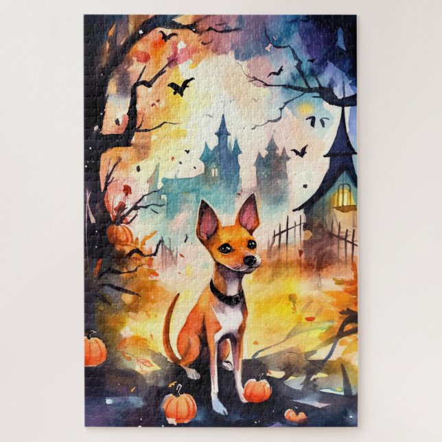 Quebra-cabeça Halloween Basenji Com Pumpkins Assustado (Vertical)