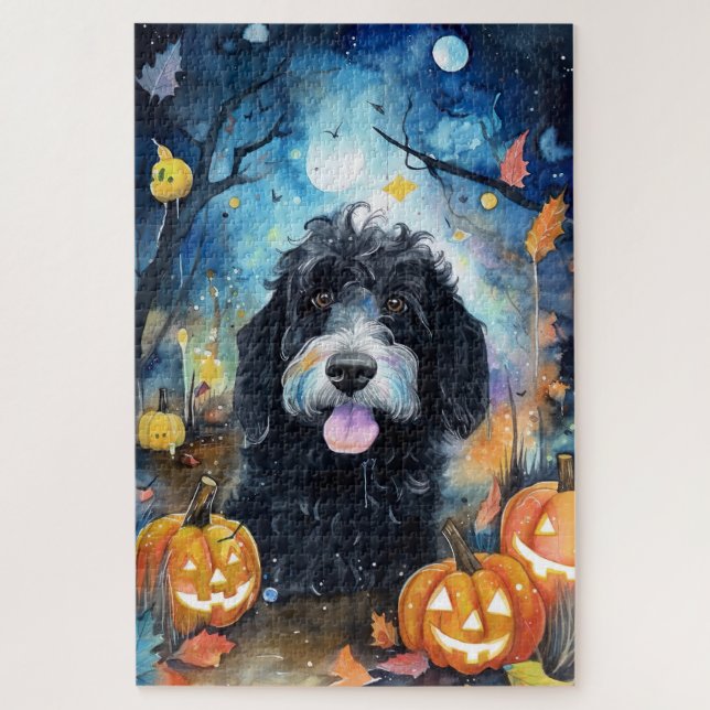 Quebra-cabeça Halloween Bernedoodle Com Pumpkins Assustado (Vertical)