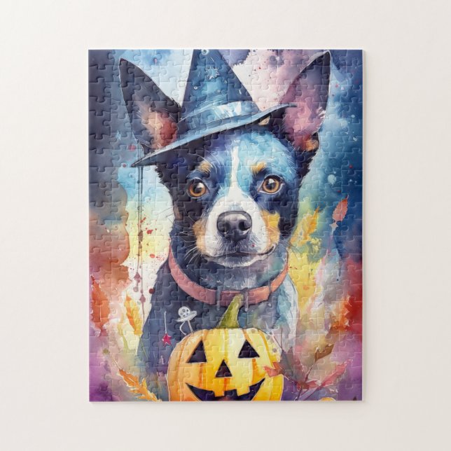 Quebra-cabeça Halloween Blue Heeler Com Pumpkins Assustado (Vertical)
