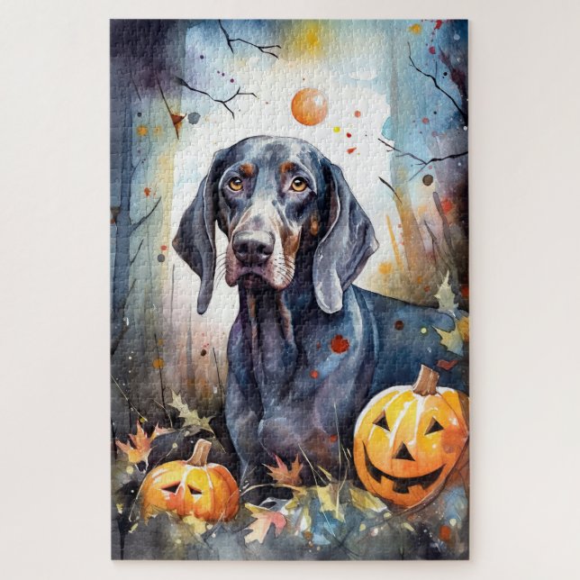 Quebra-cabeça Halloween Bluetick Coonhound Com Pumpkins Assustad (Vertical)