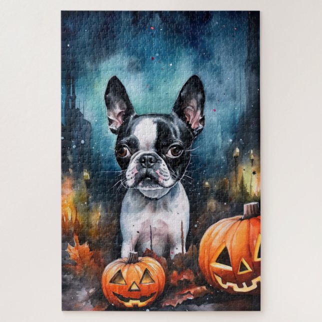 Quebra-cabeça Halloween Boston Terrier Com Pumpkins Assustado (Vertical)