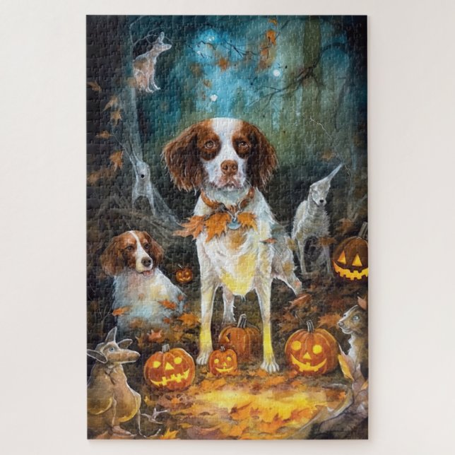 Quebra-cabeça Halloween Brittany Spaniel Com Pumpkins Assustado (Vertical)
