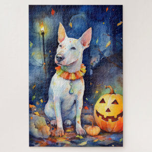 Quebra-cabeça Halloween Bull Terrier Com Pumpkins Assustado