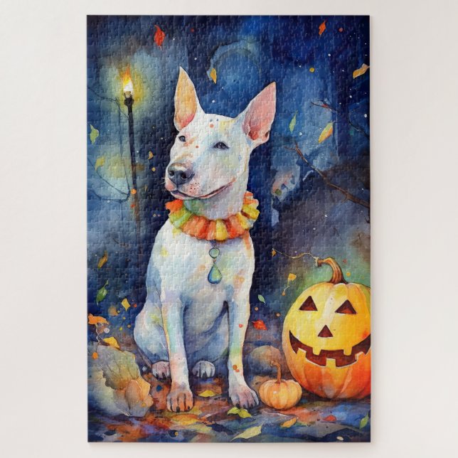 Quebra-cabeça Halloween Bull Terrier Com Pumpkins Assustado (Vertical)