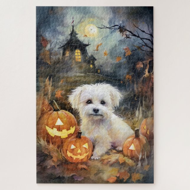 Quebra-cabeça Halloween Coton De Tulear Com Pumpkins Assustado (Vertical)