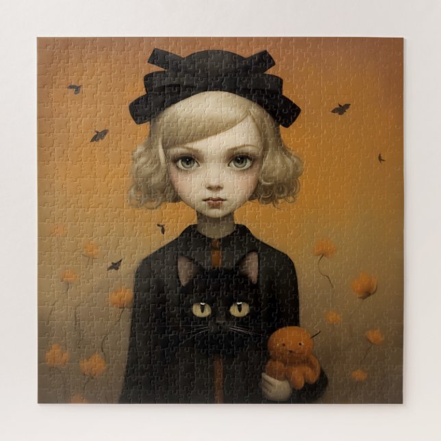 Quebra-cabeça Halloween Girl and Cat (Vertical)