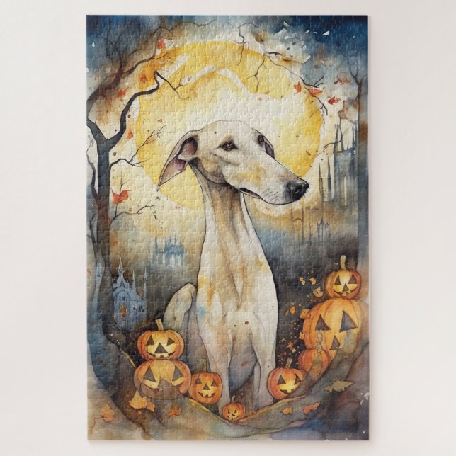 Quebra-cabeça Halloween Greyhound Com Pumpkins Assustado (Vertical)