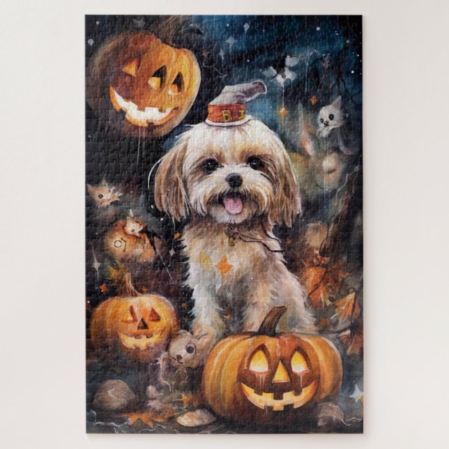 Quebra-cabeça Halloween Lhasa Apso Com Pumpkins Assustado (Vertical)