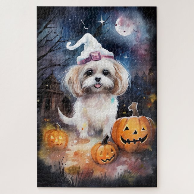 Quebra-cabeça Halloween Malti Tzu Com Pumpkins Assustado (Vertical)