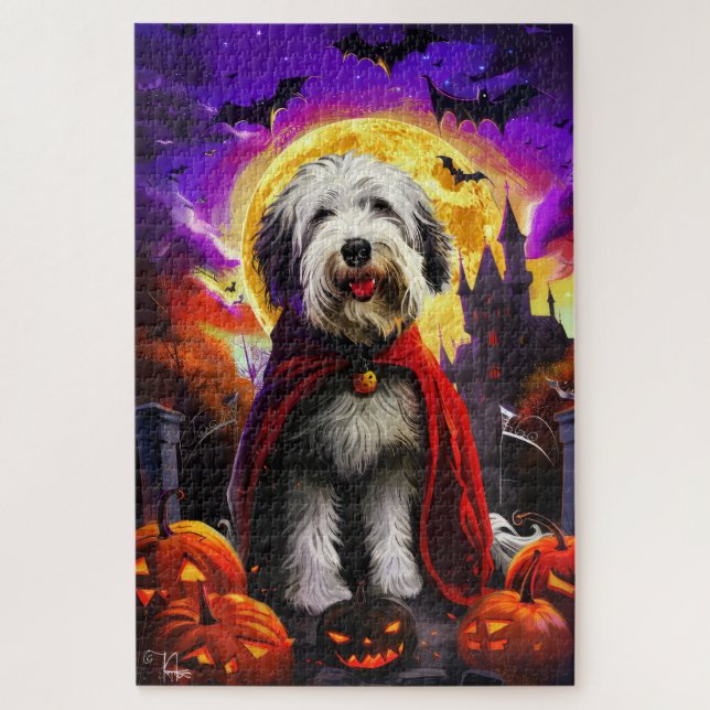 Quebra-cabeça Halloween Old English Sheepdog Vampire Pumpkins (Vertical)