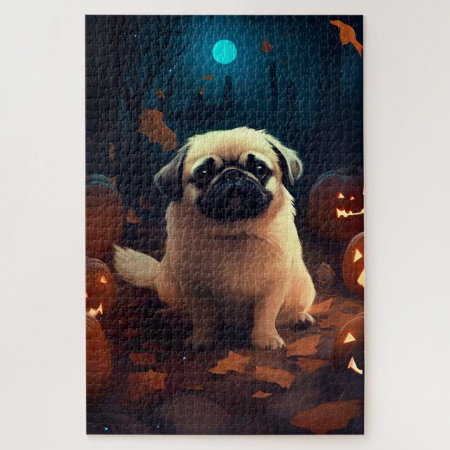 Quebra-cabeça Halloween Pekingese Com Pumpkins Assustado (Vertical)