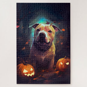 Quebra-cabeça Halloween Pitbull Com Pumpkins Assustado