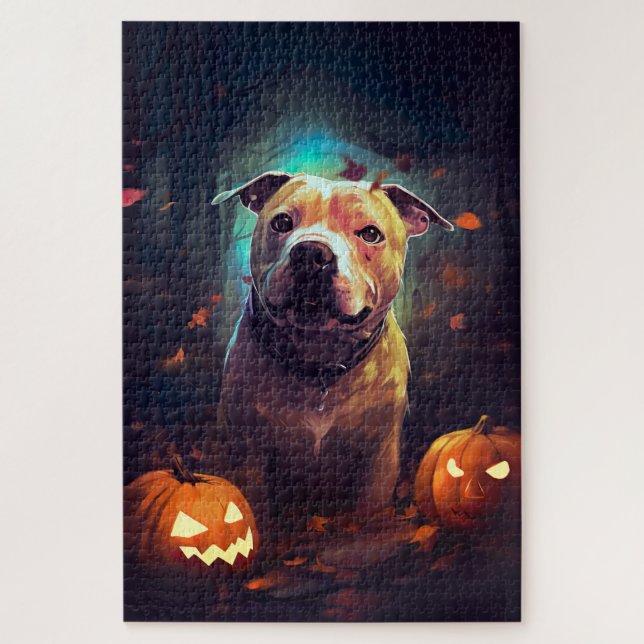 Quebra-cabeça Halloween Pitbull Com Pumpkins Assustado (Vertical)